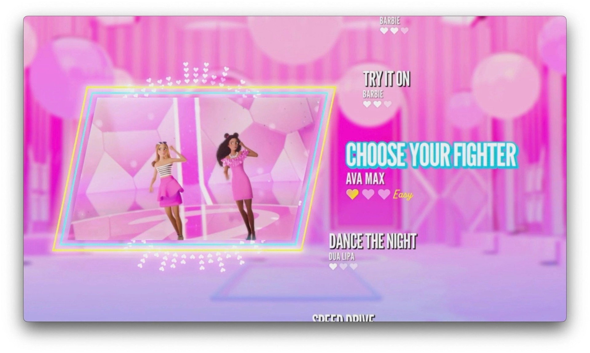 screenshot of Barbie Dance Party song selection screen with new games featured.