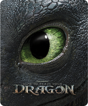 How to Train Your Dragon tile with close up image of Toothless's big green eye.
