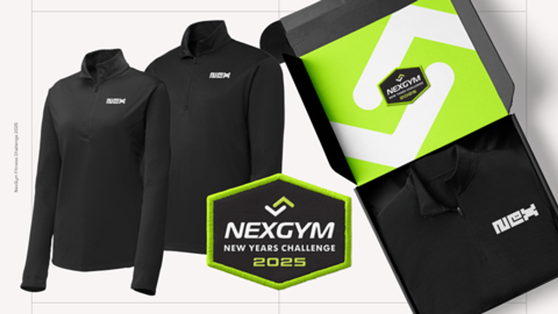 NexGym New Years Challenge reward - featuring Men's or Women's Black pullover and challenge patch with green and white NexGym logo