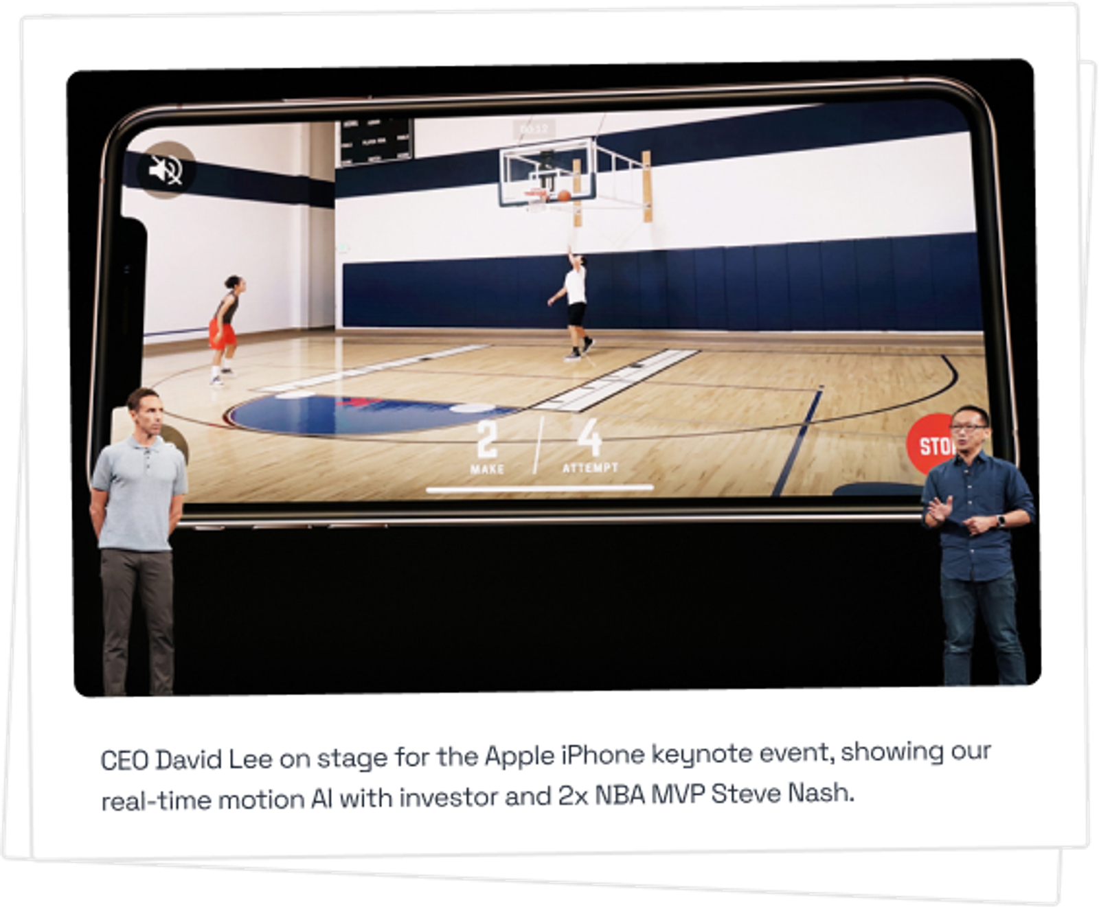 David Lee and Steve Nash on stage at an Apple keynote, demonstrating HomeCourt motion tracking.