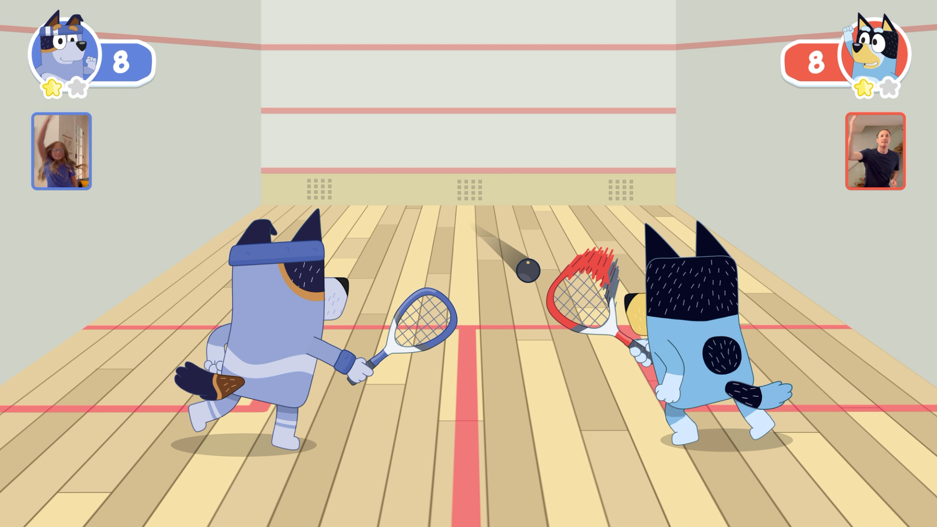 Screenshot from Squash, one minigame featured in Bluey: Bust-a-Move, a new active Bluey game on Playground with Play Pass.
