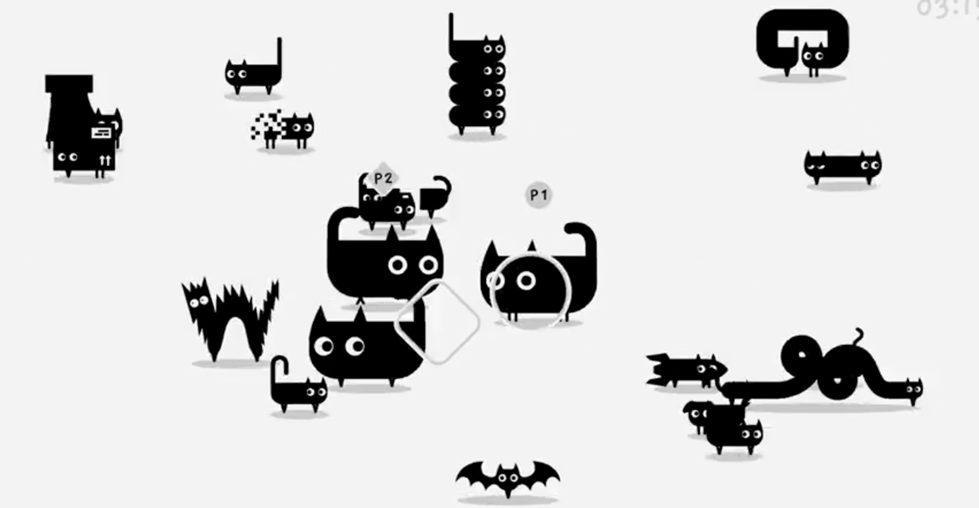 Image from the level Copy Cats, with lots of feline-looking characters