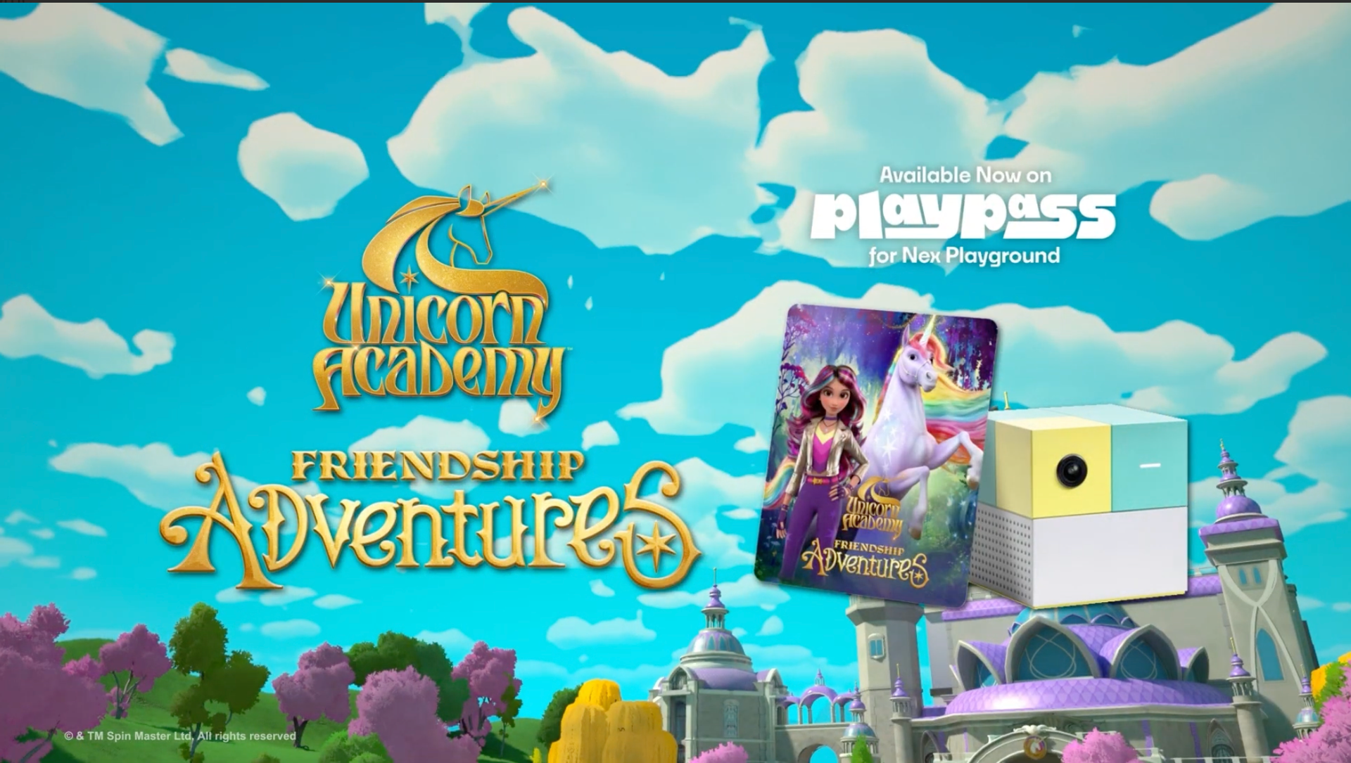 Image of Unicorn Academy: Friendship Adventures game tile on sky background with text "Available now on Play Pass for Nex Playground".