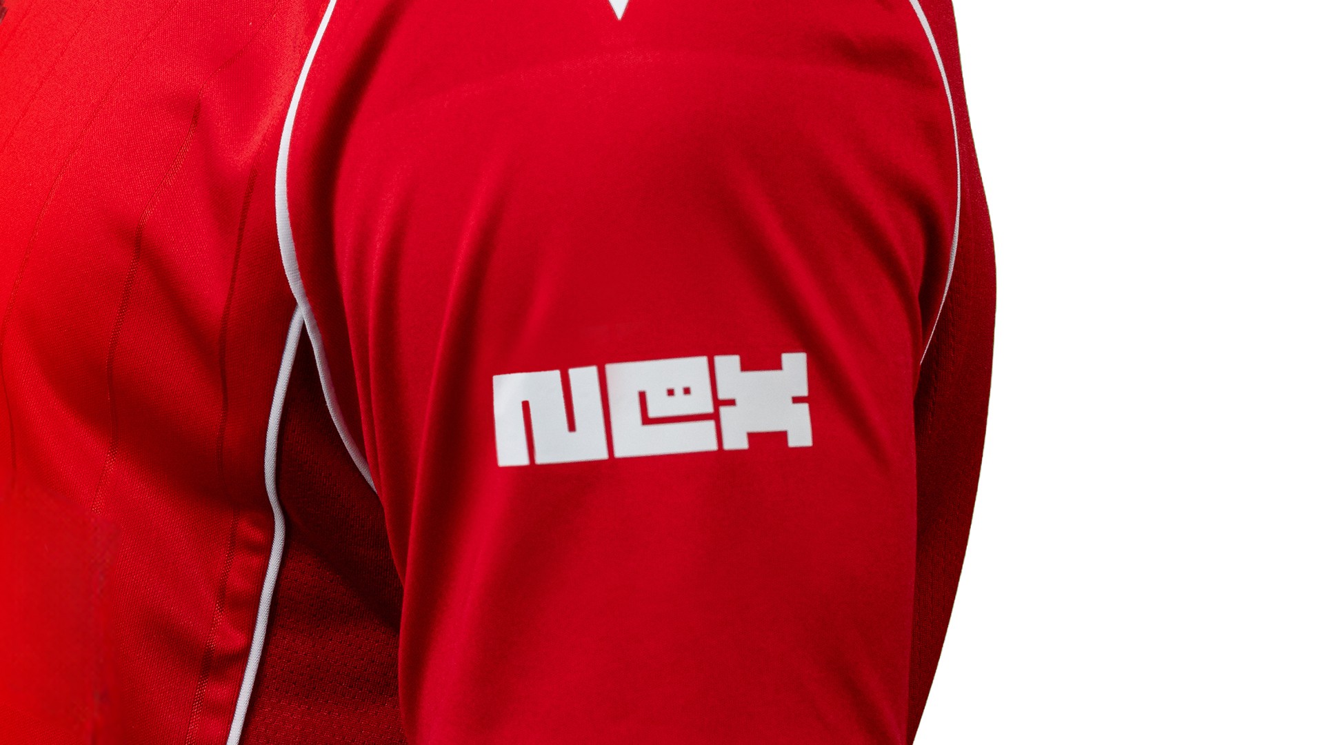 Red Wrexham AFC jersey with the Nex Logo on the sleeve
