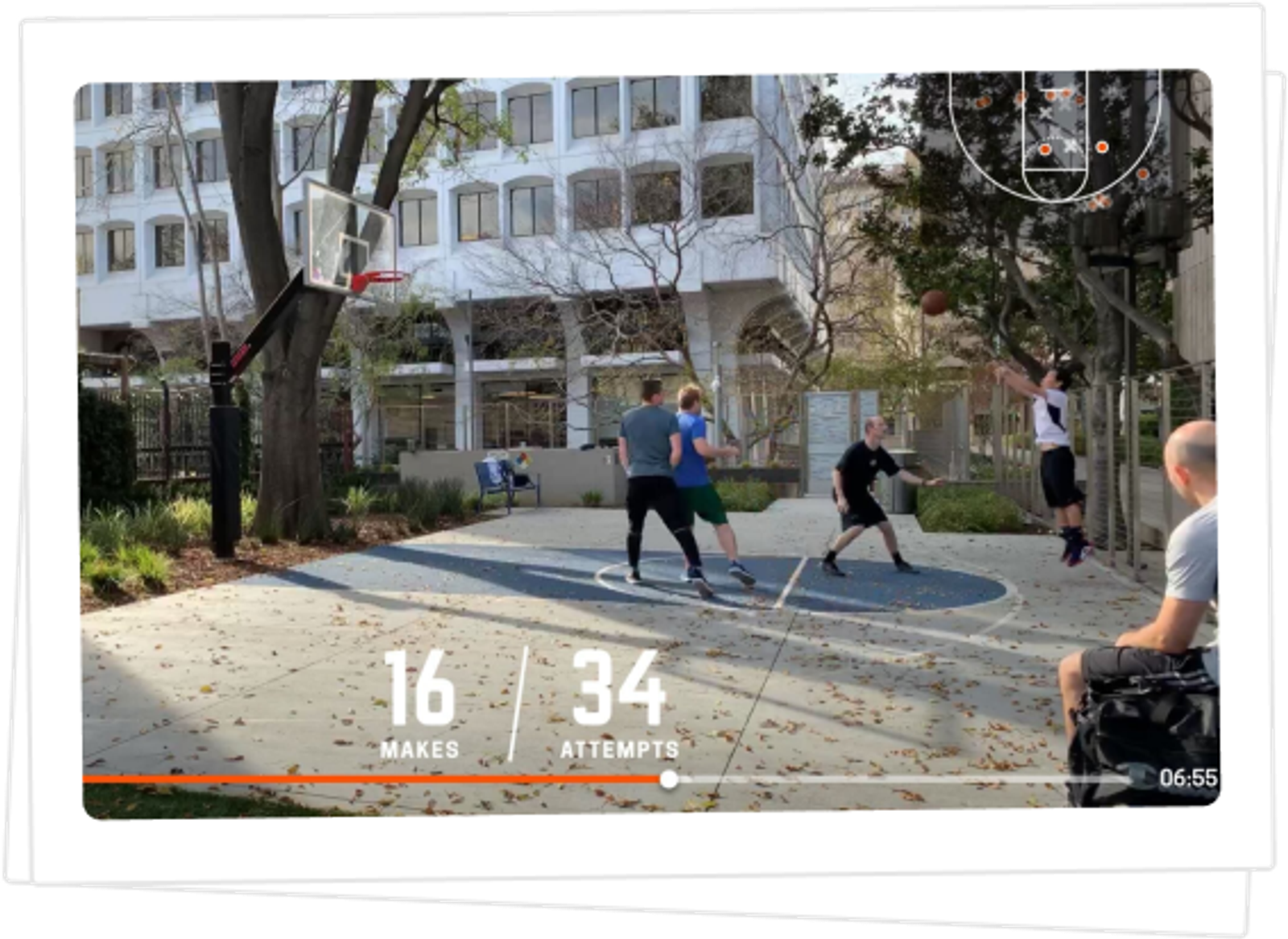 Pickup basketball with a HomeCourt overlay tracking 16 makes and 34 attempts.