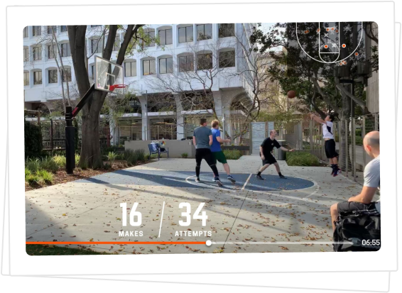 Pickup basketball with a HomeCourt overlay tracking 16 makes and 34 attempts.