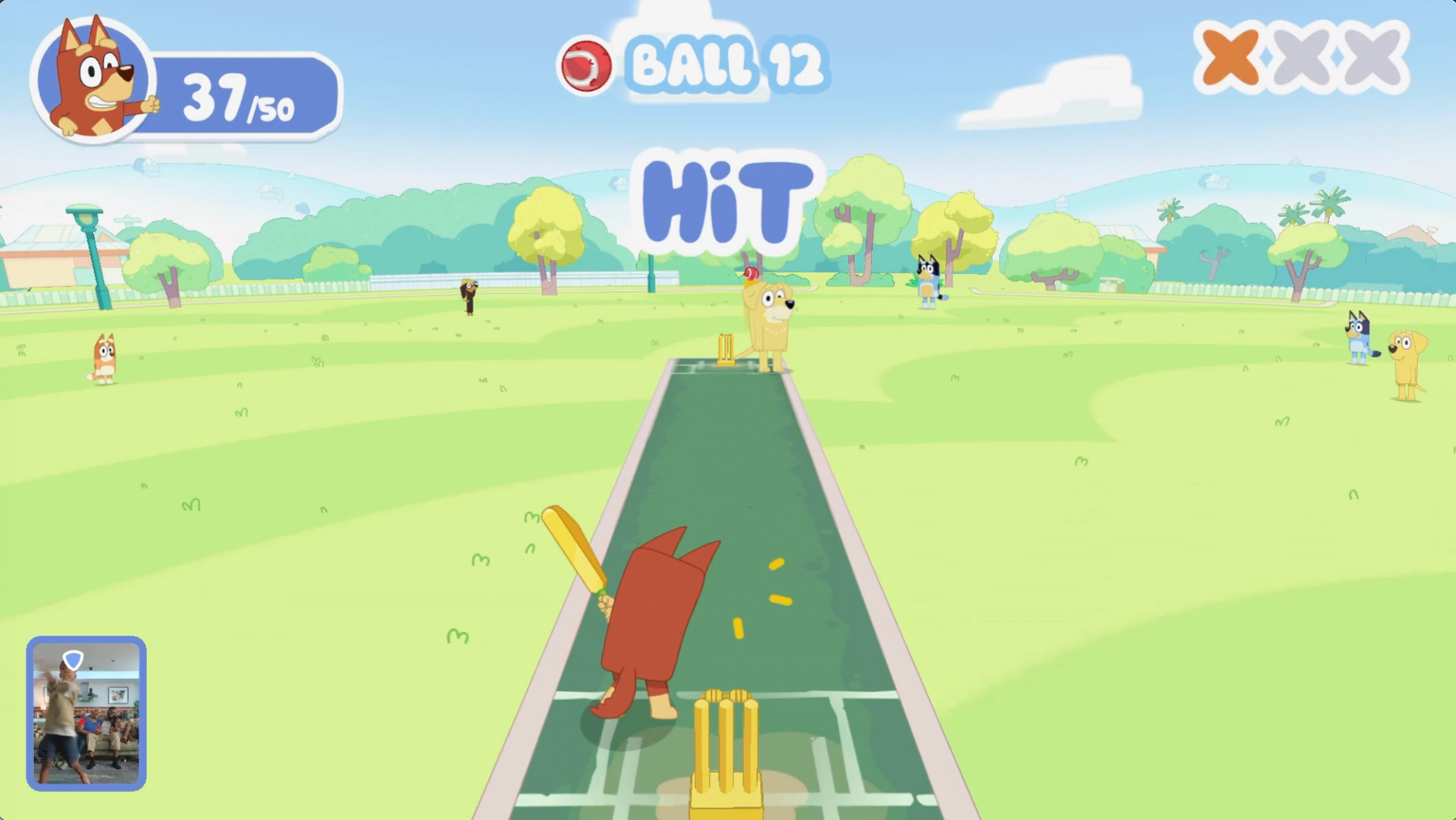 Rusty from Bluey plays Cricket in the new Cricket mini-game for Bluey: Bust a Move