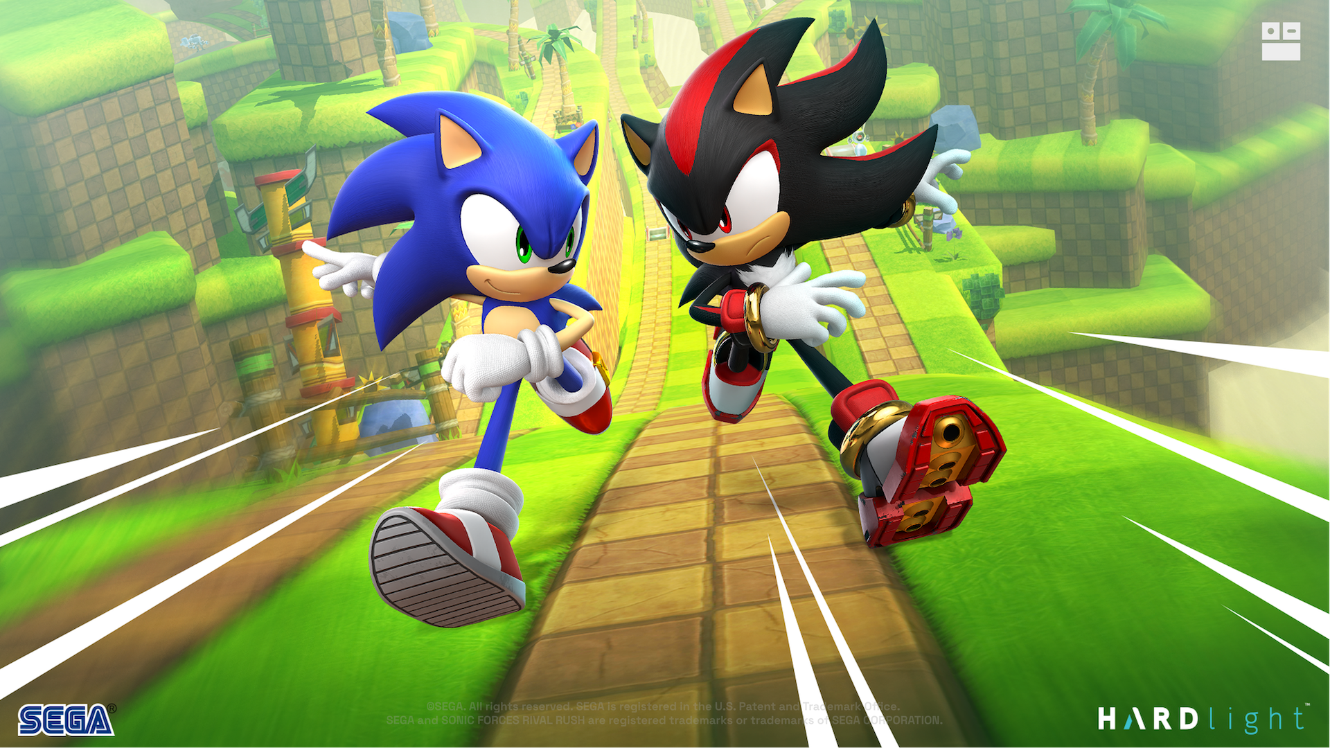 Sonic the Hedgehog and Shadow the Hedgehog sprint toward the viewer along a green, checkered path with speed lines behind them, in artwork for Sonic Forces: Rival Rush.