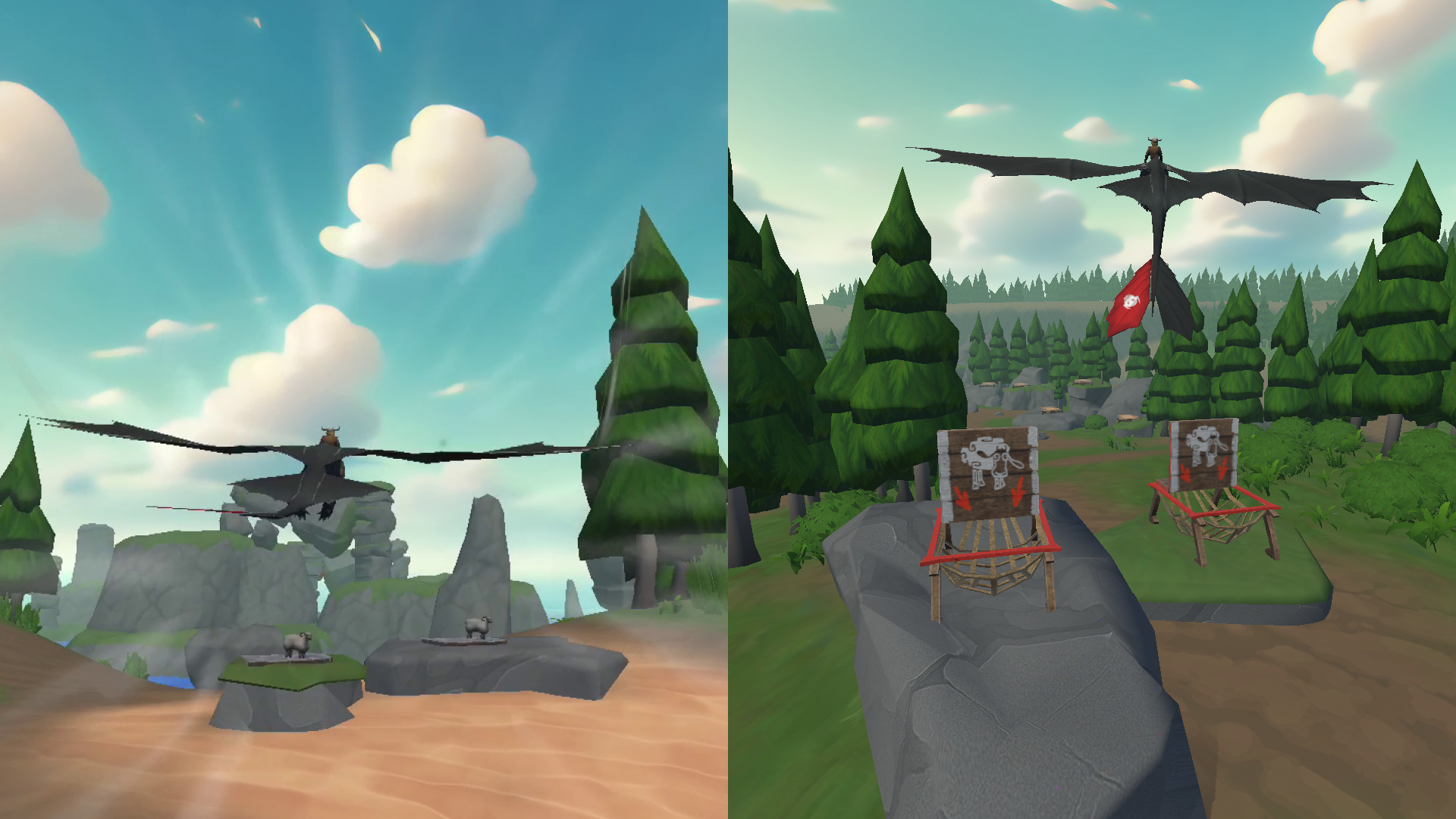 Split screen of Toothless completing a sheep delivery in the How to Train Your Dragon Nex Playground game.