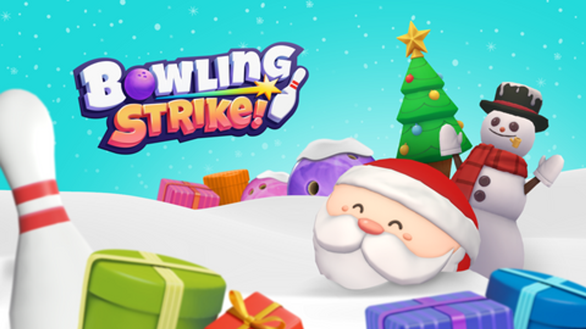 Title screen for the Bowling Strike winter holiday update on Nex Playground, featuring a cartoon Santa Claus face, a snowman, a Christmas tree, and wrapped gifts in a snowy landscape.