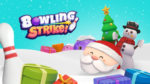 Title screen for the Bowling Strike winter holiday update on Nex Playground, featuring a cartoon Santa Claus face, a snowman, a Christmas tree, and wrapped gifts in a snowy landscape.