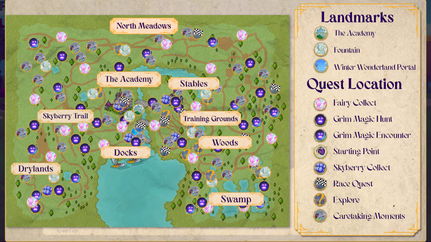 A map of Unicorn Island from Unicorn Academy: Friendship Adventures (only on Nex Playground with Play Pass) showing Landmarks and Quest Locations.