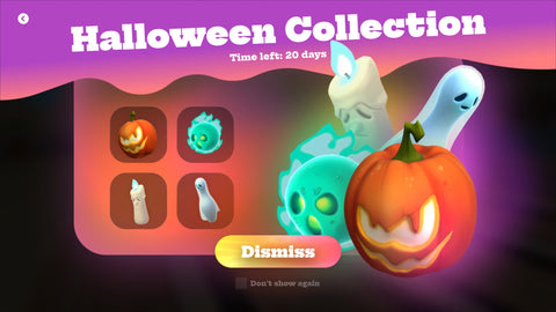 Halloween Collection menu in Bowling Strike on Nex Playground displaying unlockable spooky bowling items including a pumpkin ball, a candle pin, a ghost pin, and a glowing green spirit ball.