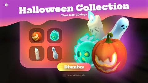 Halloween Collection menu in Bowling Strike on Nex Playground displaying unlockable spooky bowling items including a pumpkin ball, a candle pin, a ghost pin, and a glowing green spirit ball.