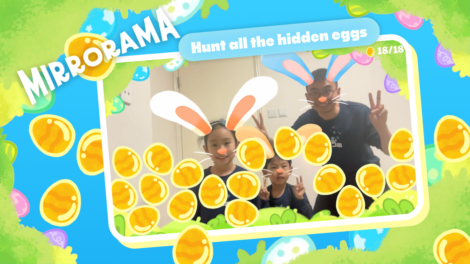 Family using bunny filters to hunt for golden eggs in Mirrorama on Nex Playground.