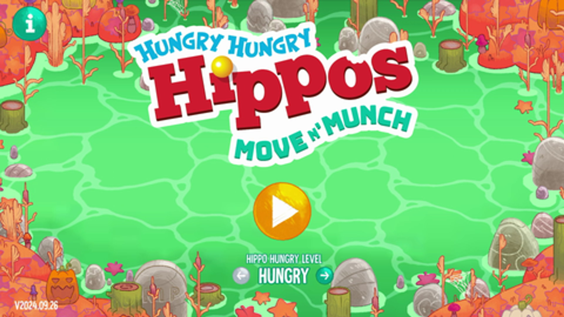 Game menu screen for Hungry Hungry Hippos Move N Munch on Nex Playground showing a green pond surrounded by autumn leaves, tombstones, and jack-o-lanterns.