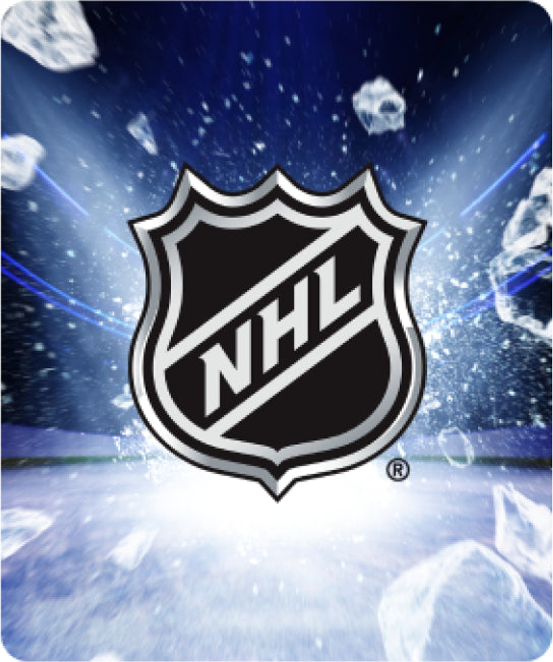 NHL logo with an ice spray behind it, announcing the new NHL game releasing on Nex Playground in October.