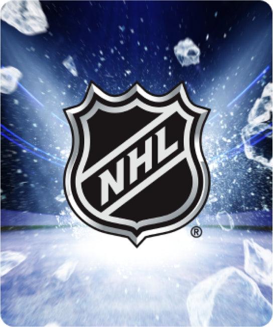 NHL logo with an ice spray behind it, announcing the new NHL game releasing on Nex Playground in October.