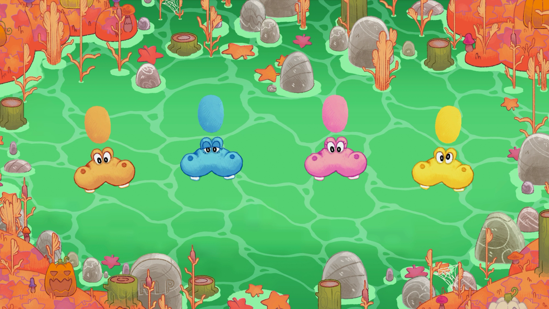 Image of the 4 hungry hippos in a fall-themed environment, part of the Nex Playground Halloween game updates