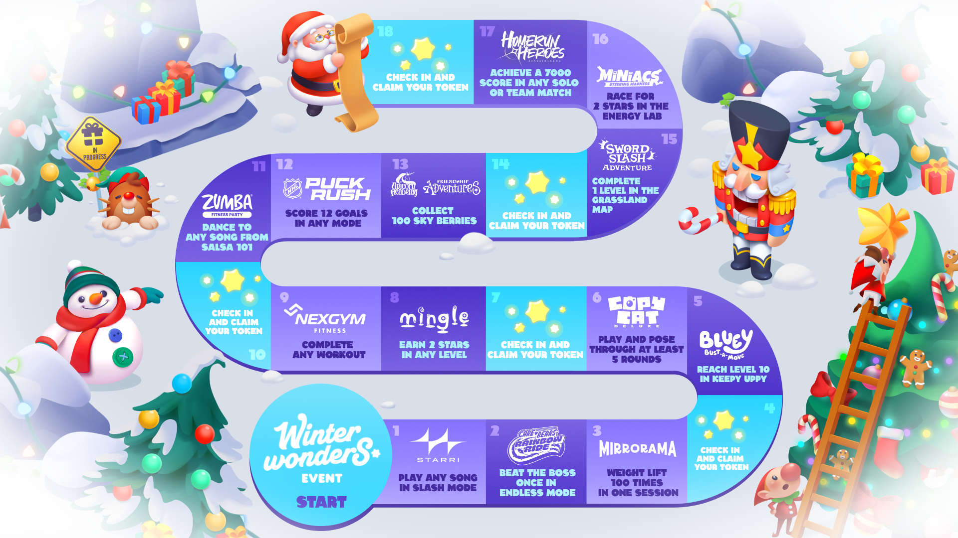 Quest map for the first 18 days of the Nex Playground Winter Wonders holiday event.
