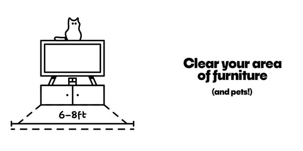 Graphic advising users to clear furniture and pets from the Nex Playground camera view.