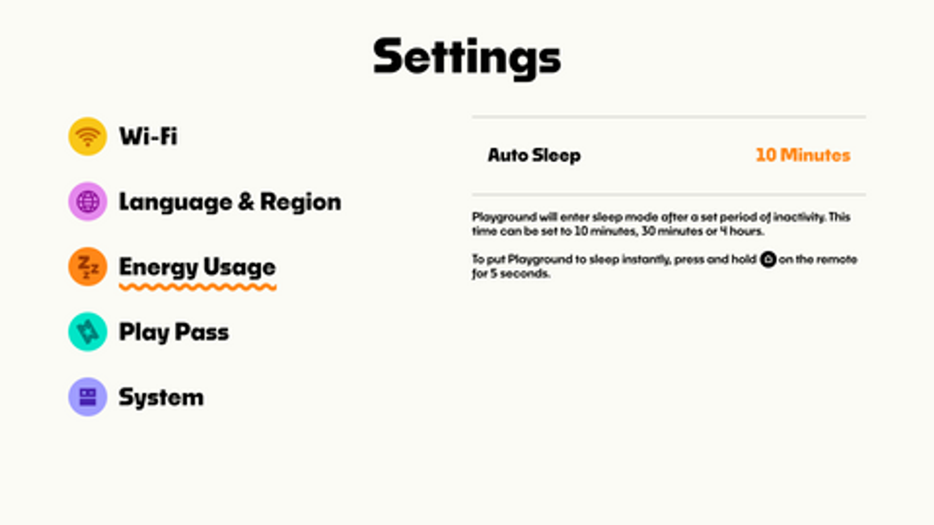 The system settings control center screen on Nex Playground highlighting the Energy Usage tab and an Auto Sleep timer configuration set to ten minutes.