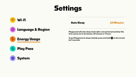 The system settings control center screen on Nex Playground highlighting the Energy Usage tab and an Auto Sleep timer configuration set to ten minutes.