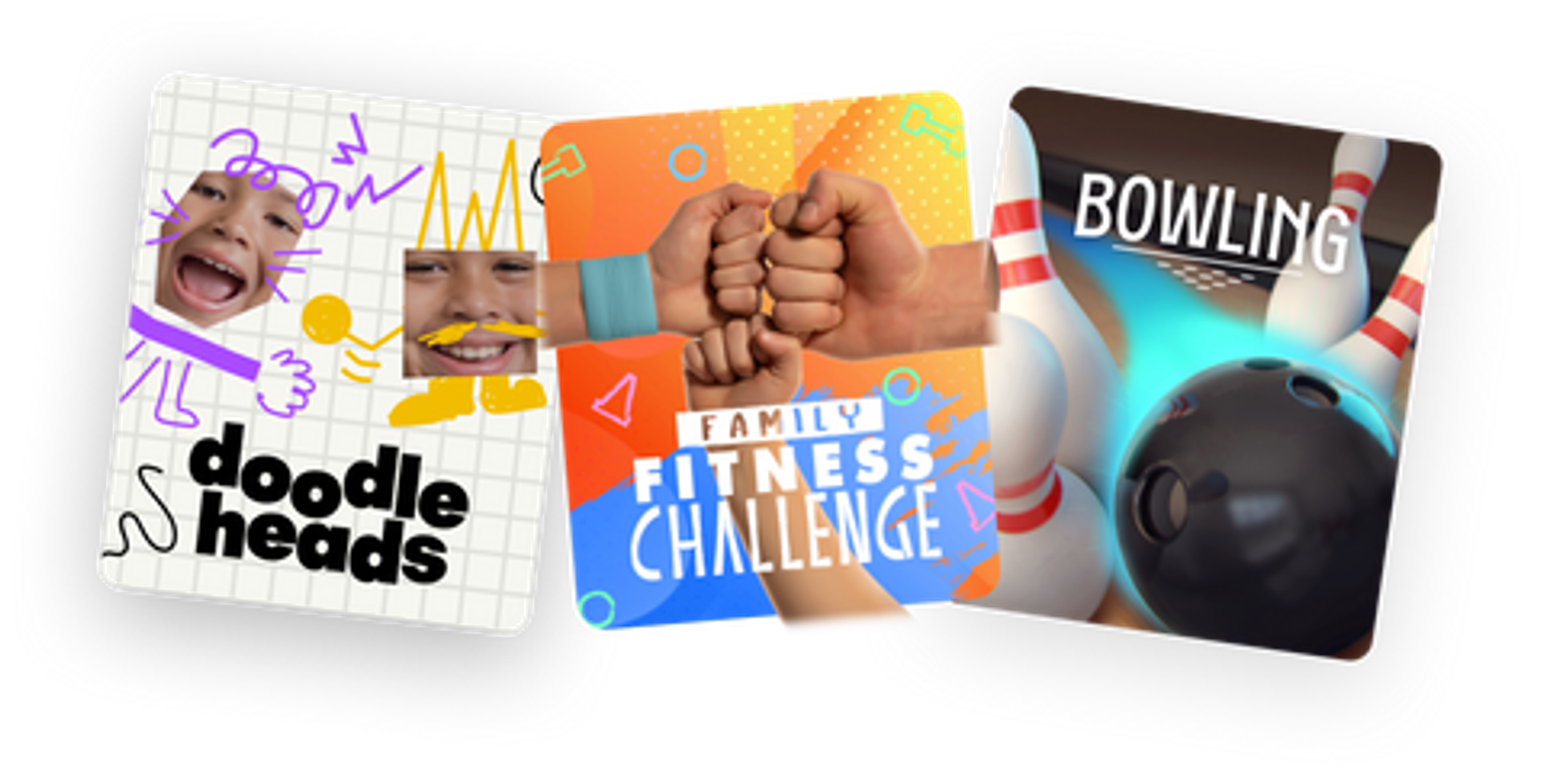 Promotional graphics for Doodle Heads, Family Fitness Challenge, and Bowling active game titles on Nex Playground.