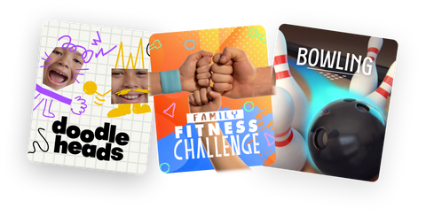 Promotional graphics for Doodle Heads, Family Fitness Challenge, and Bowling active game titles on Nex Playground.
