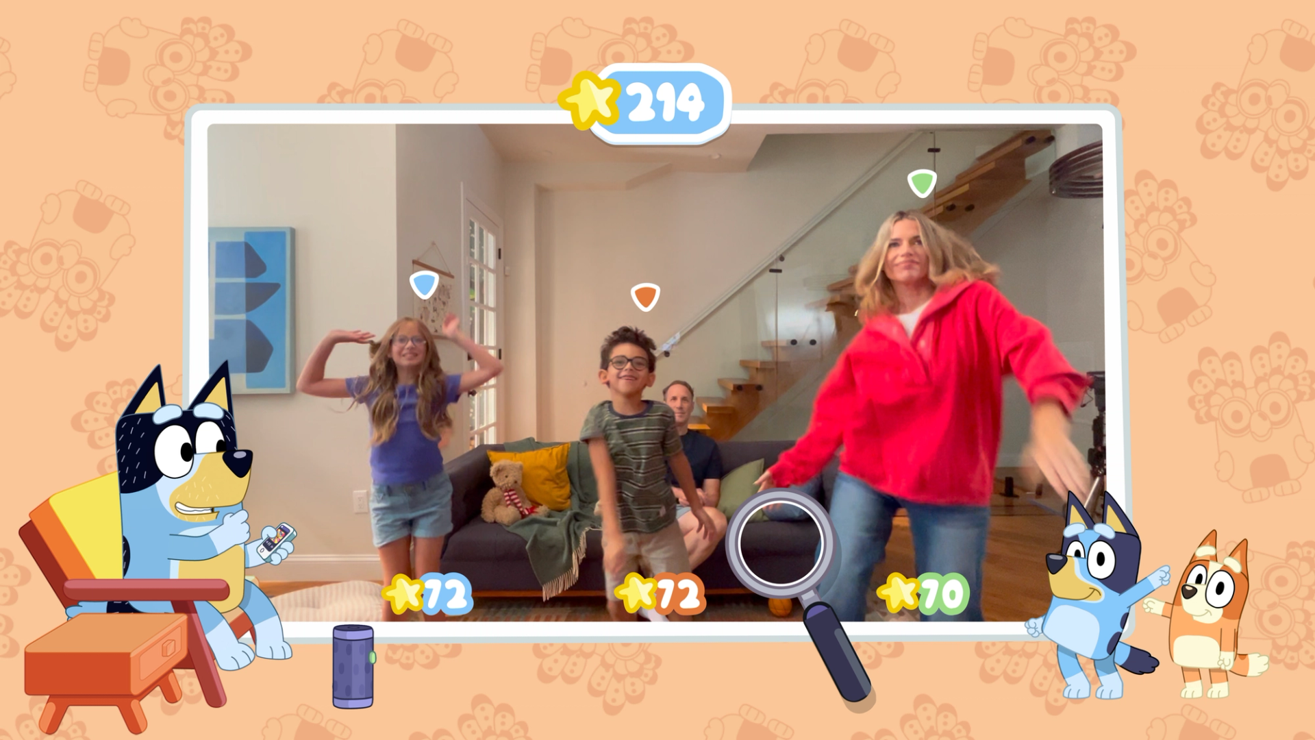 Image of family dancing during Musical Statues, a mini-game in Bluey: Bust-a-Move, the new Bluey video game from Nex Playground. 