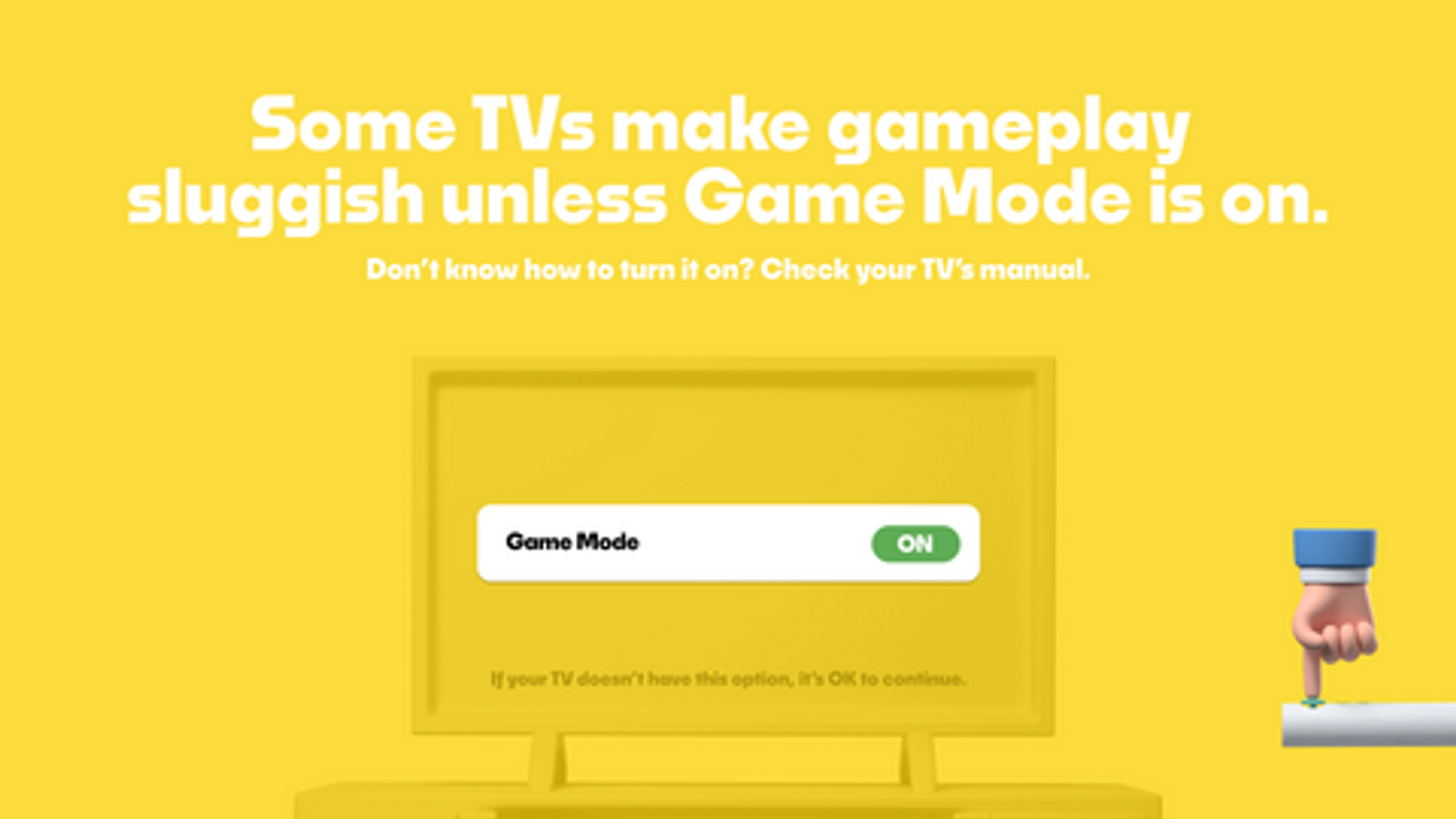 A bright yellow configuration message on Nex Playground instructing users to turn on their television's Game Mode setting for smoother gameplay.