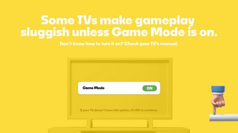 A bright yellow configuration message on Nex Playground instructing users to turn on their television's Game Mode setting for smoother gameplay.