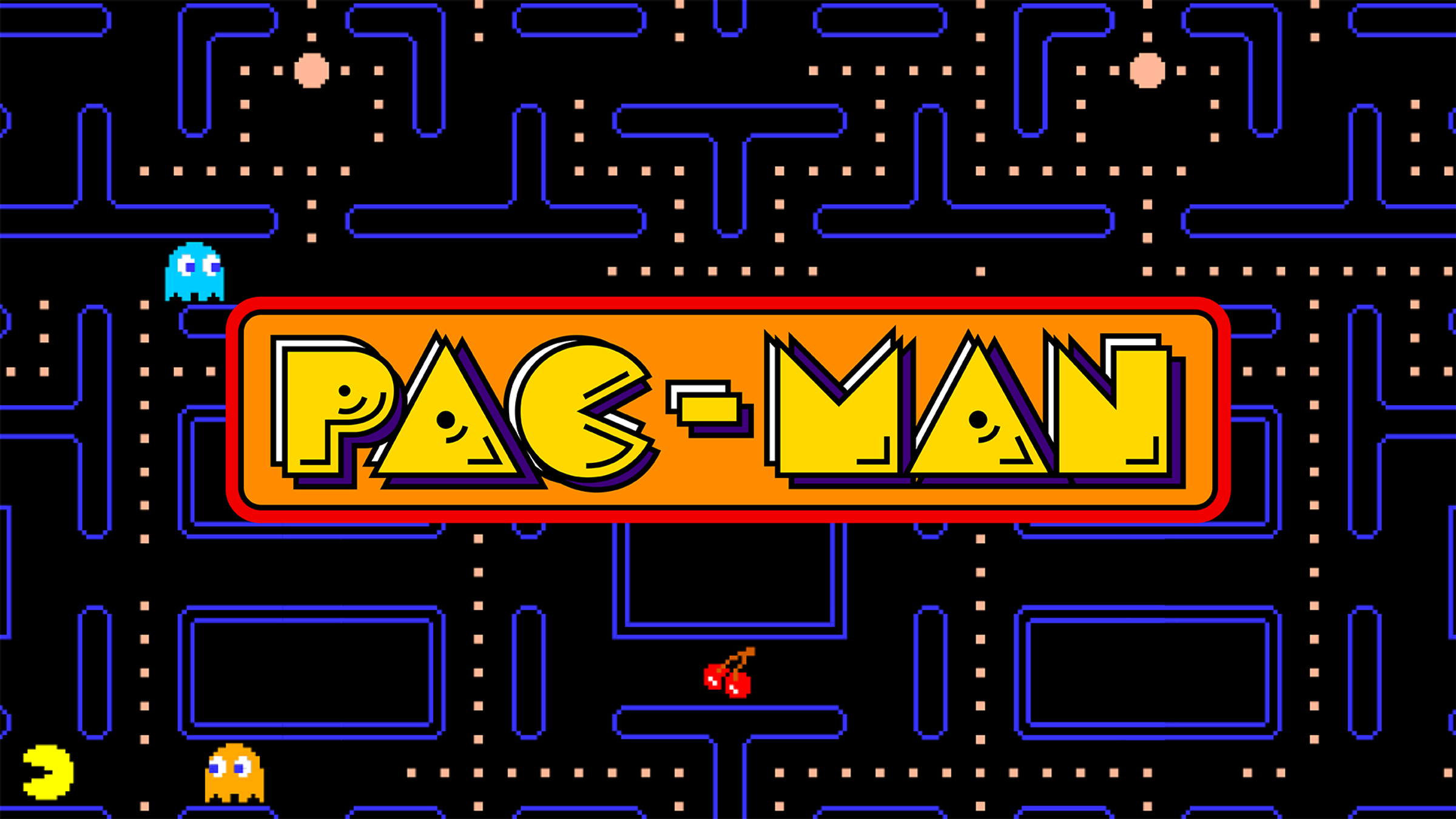 PAC-MAN game tile featuring the classic black and blue maze, with tan PAC dots, red cherries, blue and orange ghost, and of course, bright yellow PAC-MAN. Blog header for the article "PAC-MAN Through the Years: From Arcade Icon to Nex Playground"