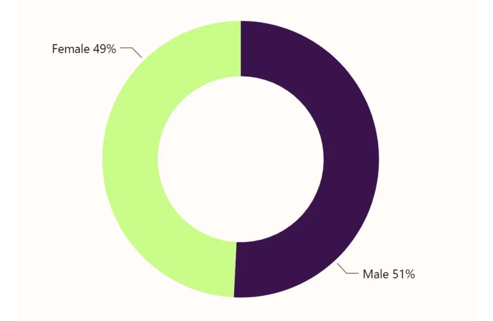Diagram som viser at 51 prosent av aktive brukere er menn, 49 prosent kvinner