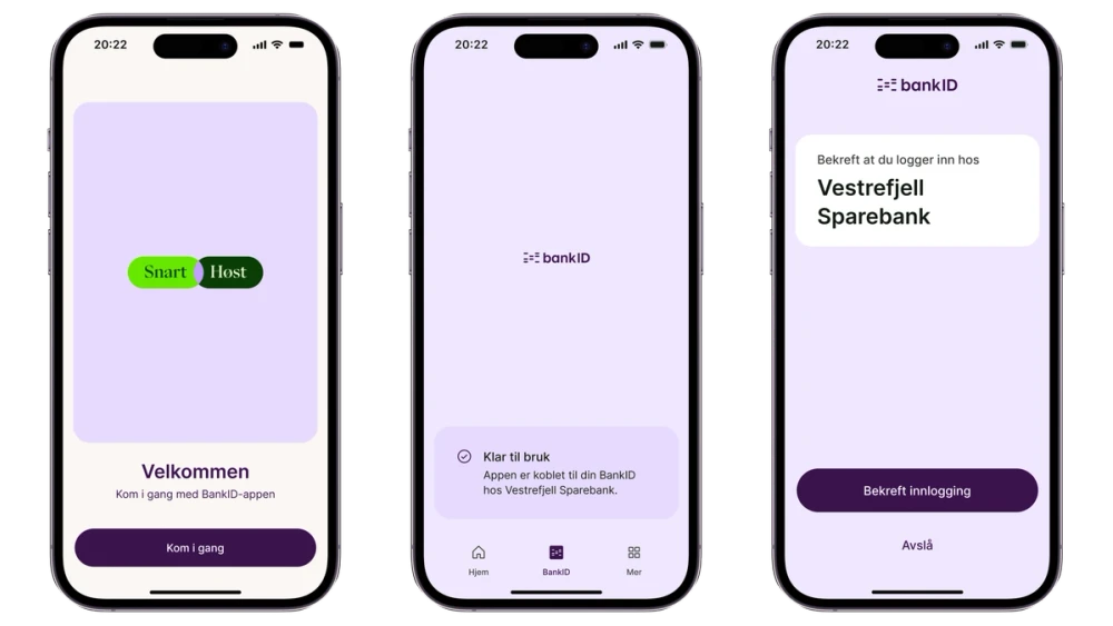 Bildet viser tre skjermbilder av den nye BankID-appen med ny fargepalett.