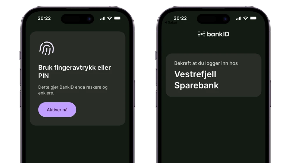 Viser to mobilskjermer med BankID-appen i mørk modus