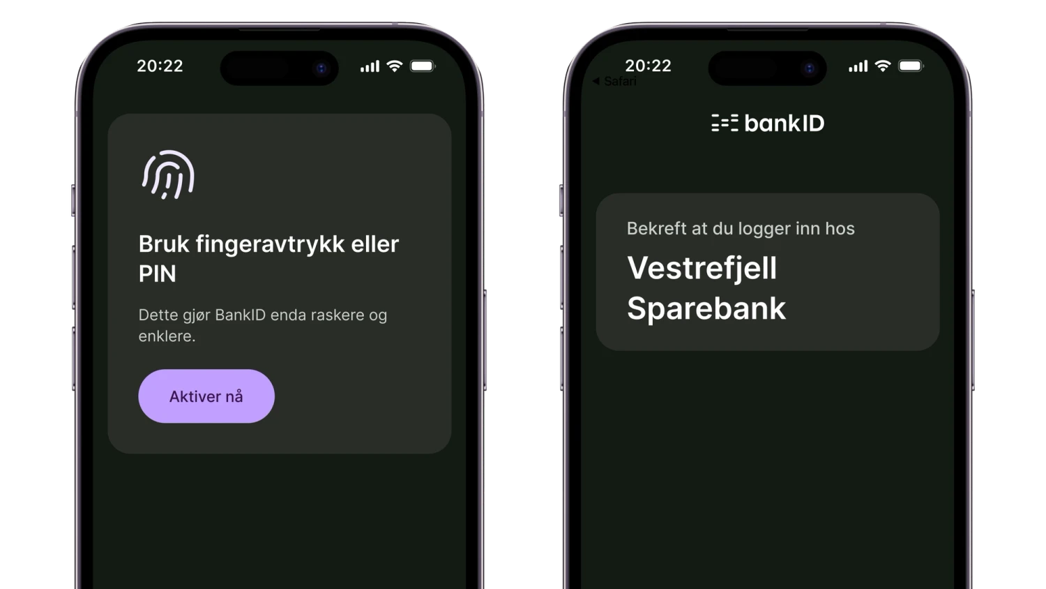 Viser to mobilskjermer med BankID-appen i mørk modus