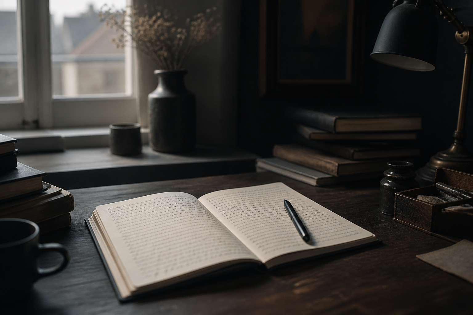 Open notebook with handwriting on a dark wood desk by a window
