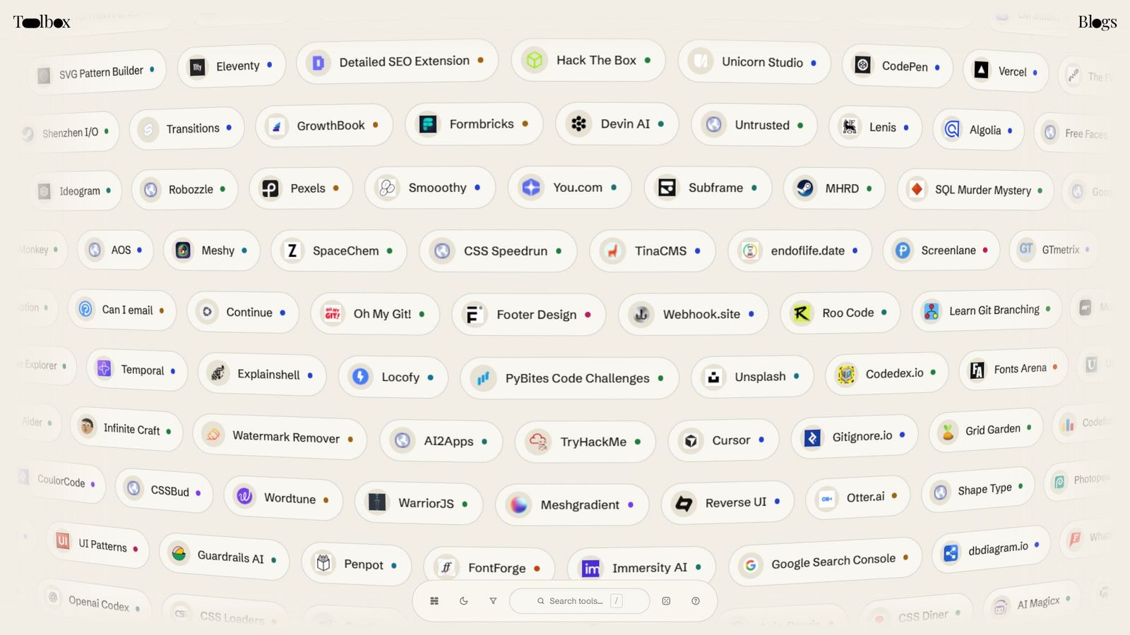 The marquee view: the tools drift by like a shelf you browse.