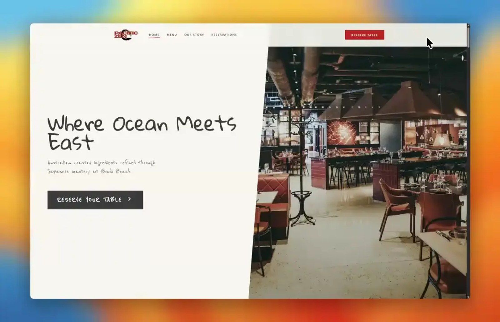 A restaurant site, with its menu and story edited in the CMS.