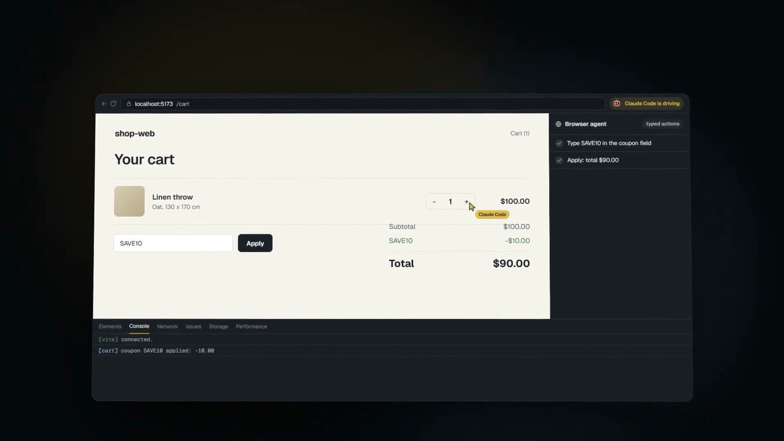 The agent tests its own fix in Cadence's browser: one code, one discount.