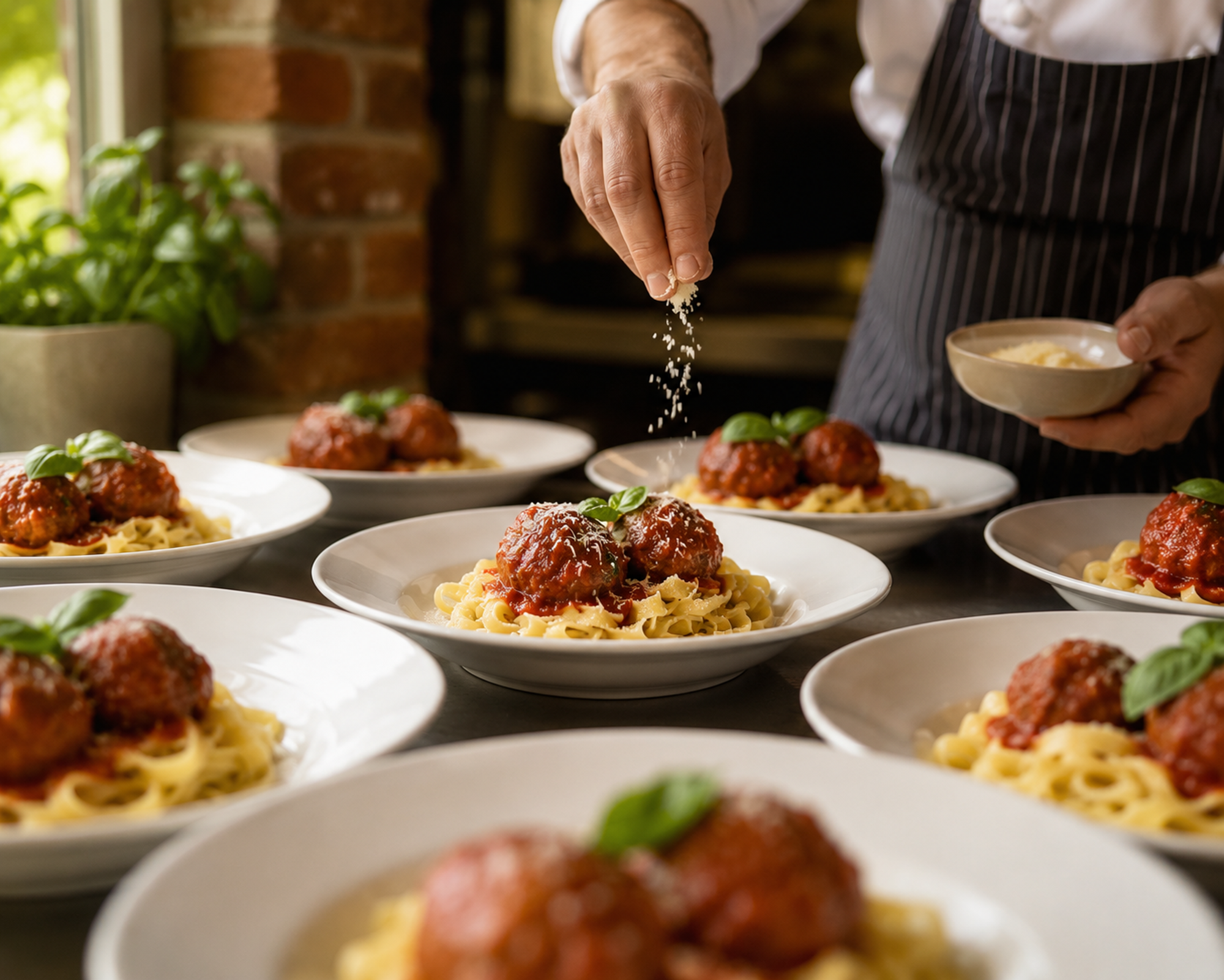 Chef finishing plates of pasta and meatballs