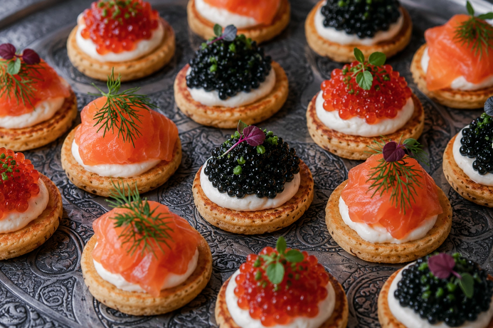 Blinies with black, red caviar and smocked salmon