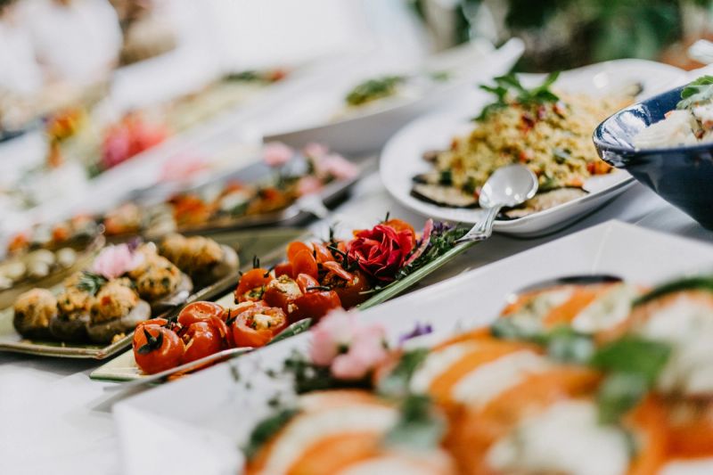 Colorful shared food spread