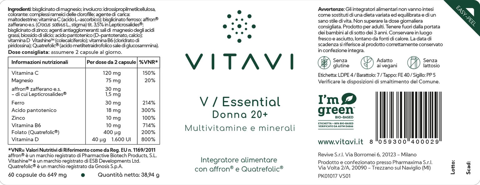 etichetta integratore alimentare V / Essential Donna 20+ VitaVi