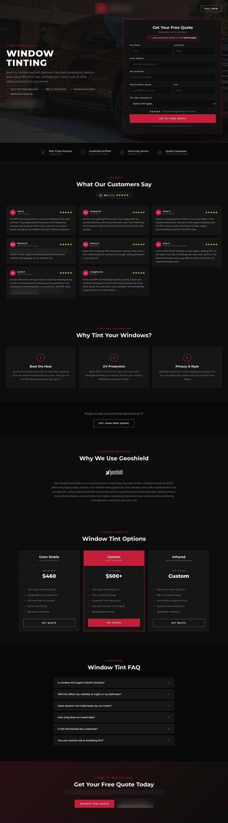 Window tint landing page, Raleigh, North Carolina