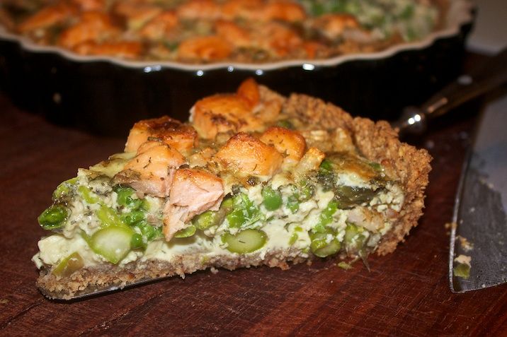 Seafoodtærte = tærte med grønne asparges, laks, rejer og ærter