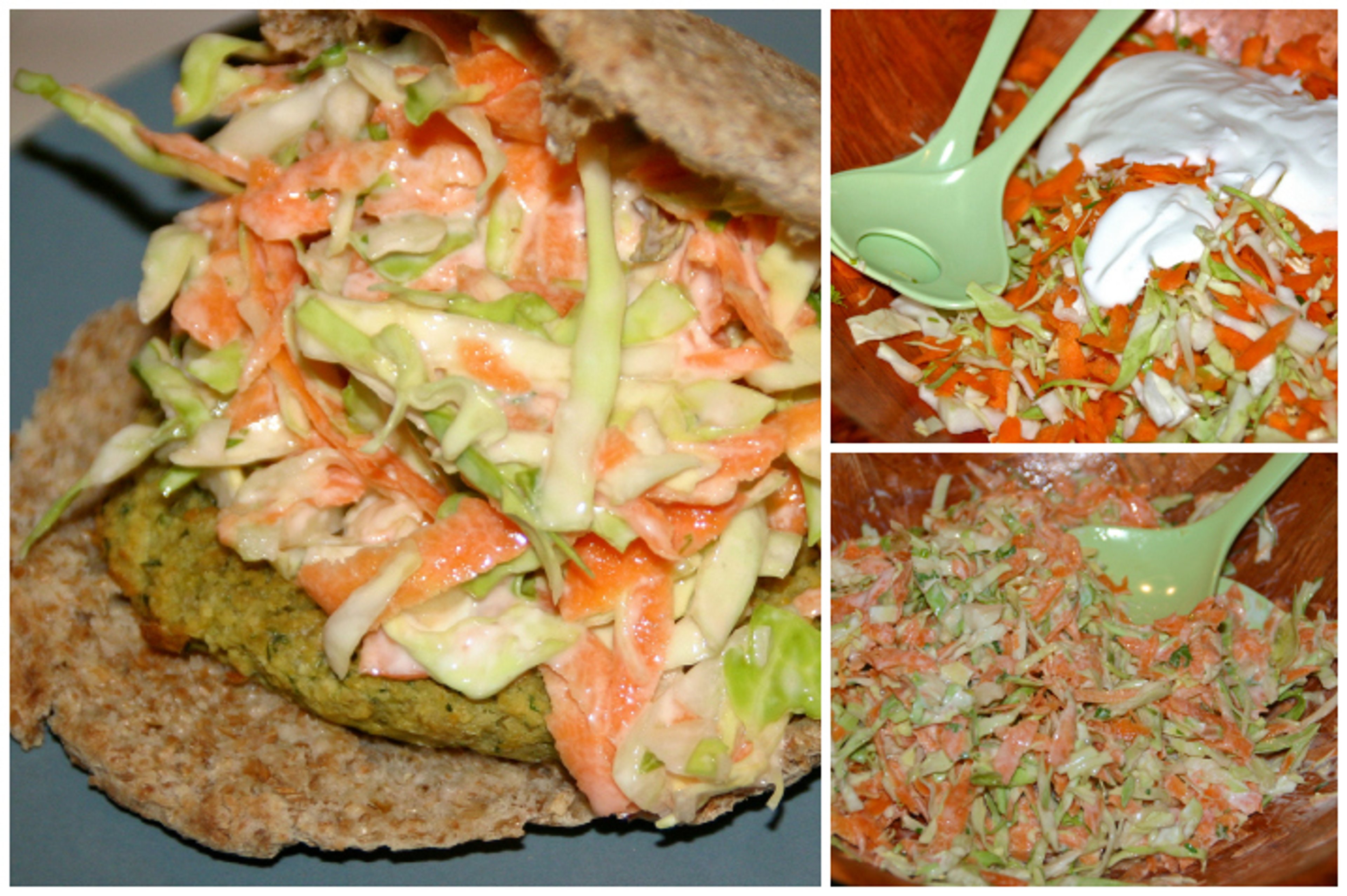 Bagt falafel i pita med coleslaw