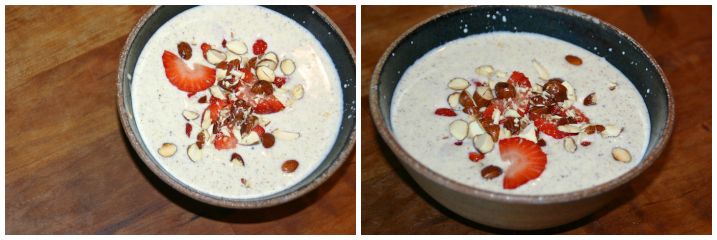 Koldskålsis med brændte mandler og jordbær