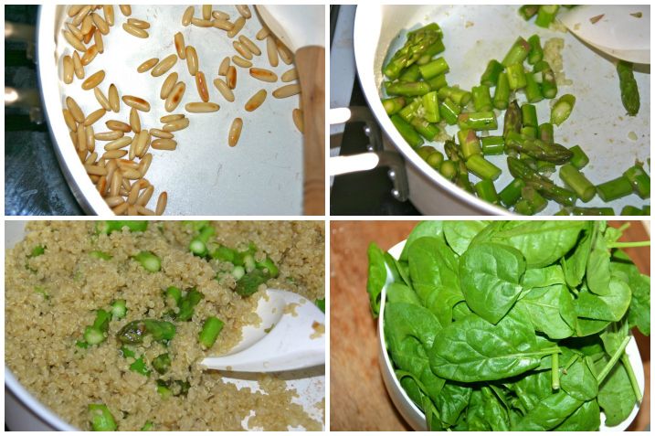 Quinoa med asparges, spinat, pinjekerner og feta